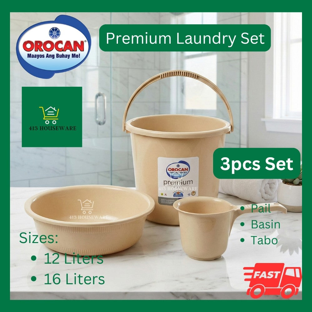 Orocan premium laundry set with a pail, basin, and tabo on a kitchen counter.