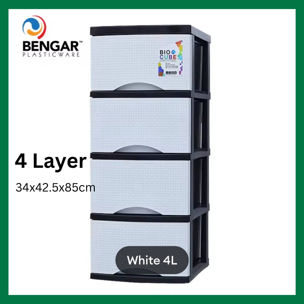 4-layer plastic storage cabinet with Bengar Plasticware branding on a white background