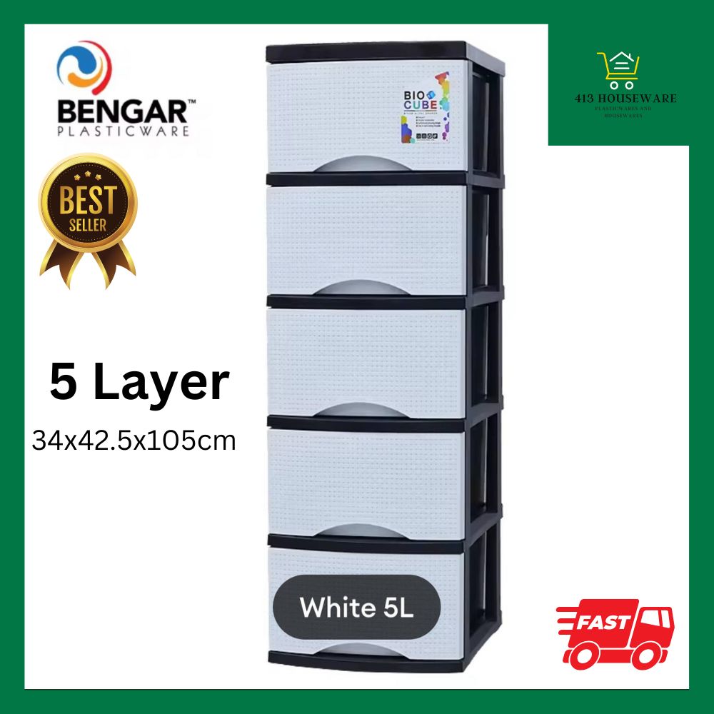 5-layer storage cabinet with Bengar Plasticware branding and product details on a white background.
