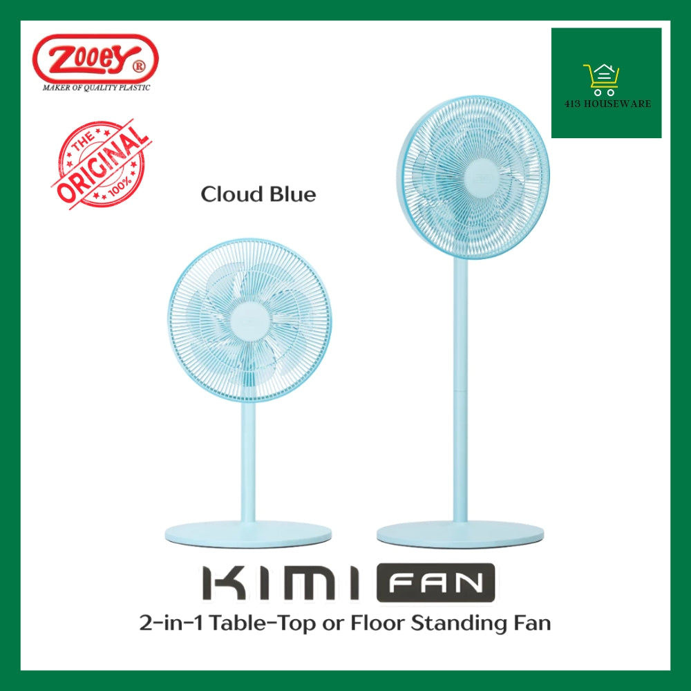 Two blue standing fans on a white background with 'Kimi Fan' branding and Zooey logo.