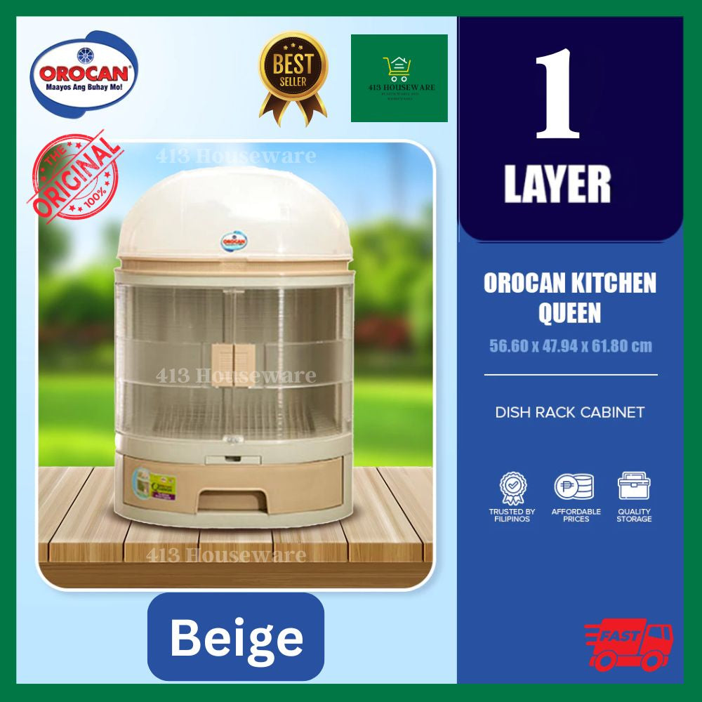 Orocan kitchen queen dish rack cabinet with product details on a green background