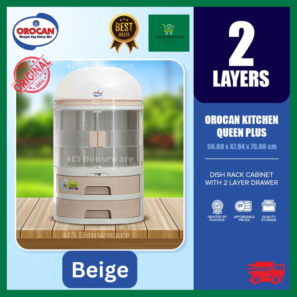 Orocan kitchen queen plus dish rack cabinet with 2 layers on a wooden surface, surrounded by greenery.