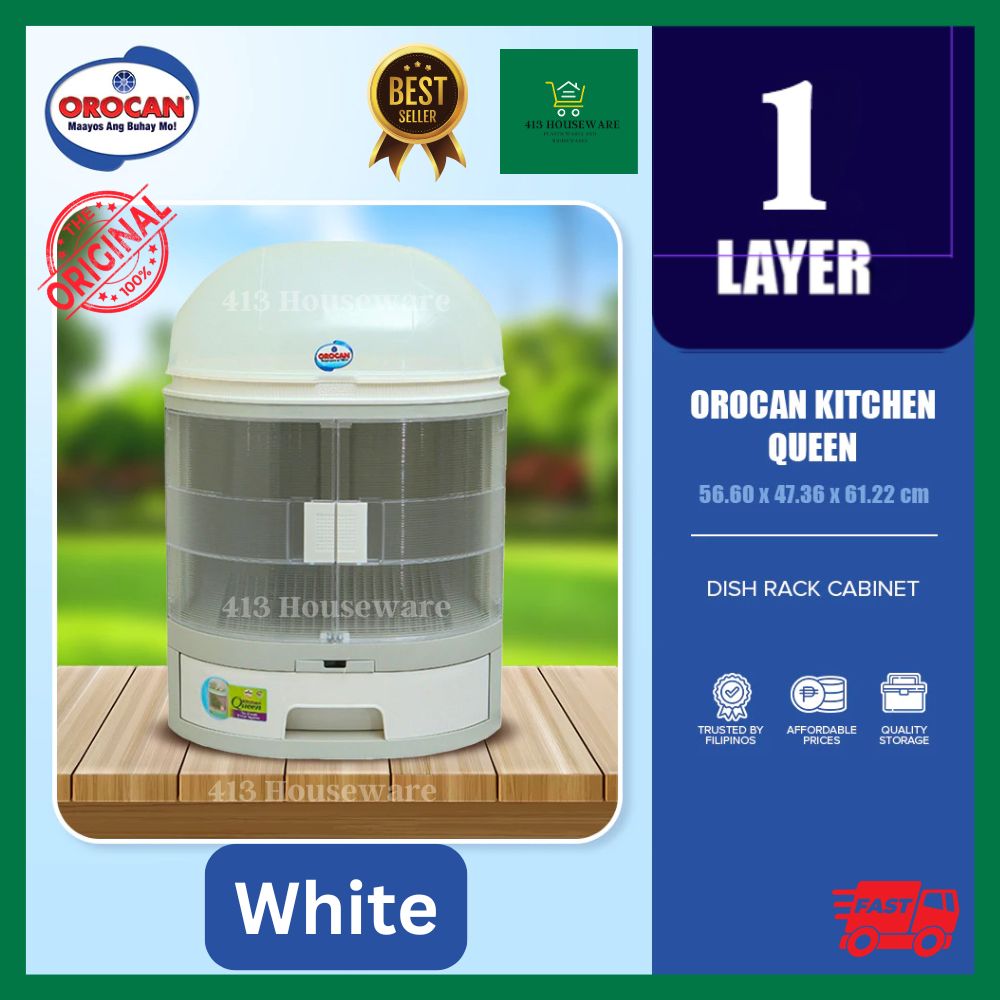 Orocan kitchen queen dish rack cabinet with product details on a green and blue background