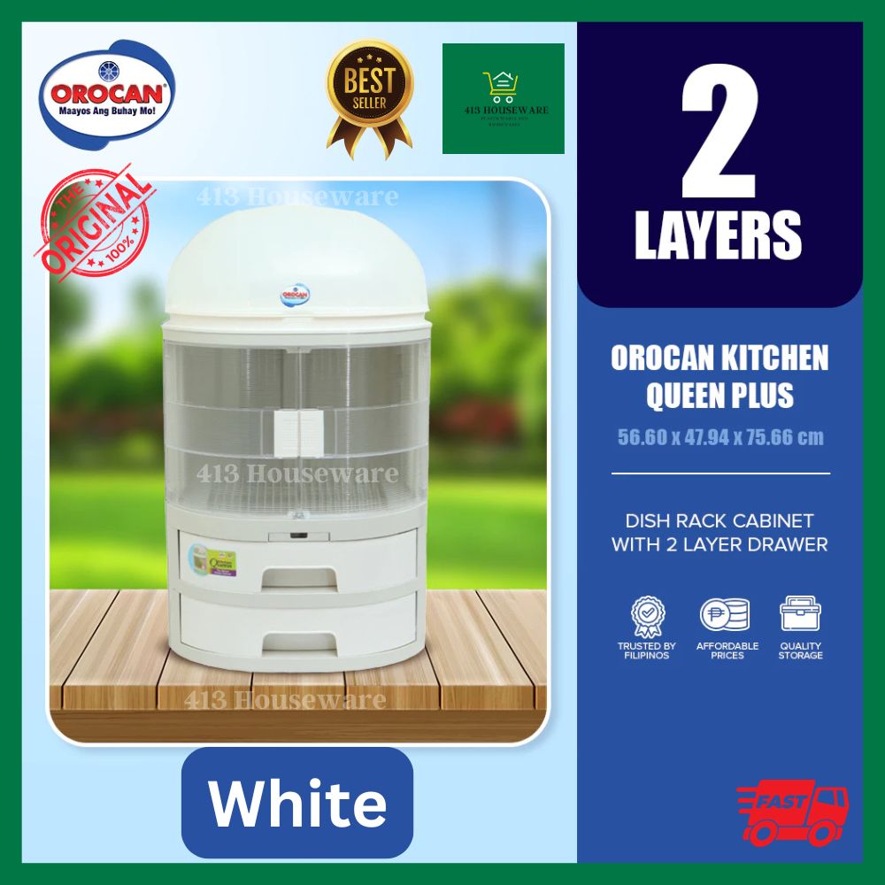 Orocan kitchen queen plus dish rack cabinet with 2 layers on a wooden surface, surrounded by greenery.