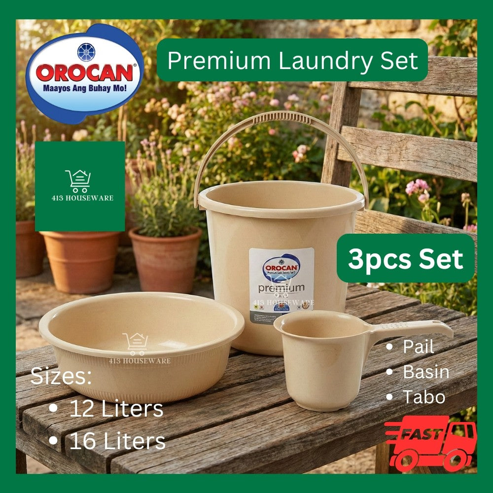 Orocan premium laundry set with pail, basin, and tabo on a wooden surface with a garden background.