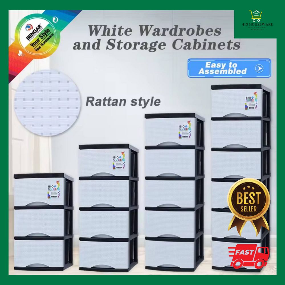 White wardrobes and storage cabinets with rattan style design on a promotional poster.