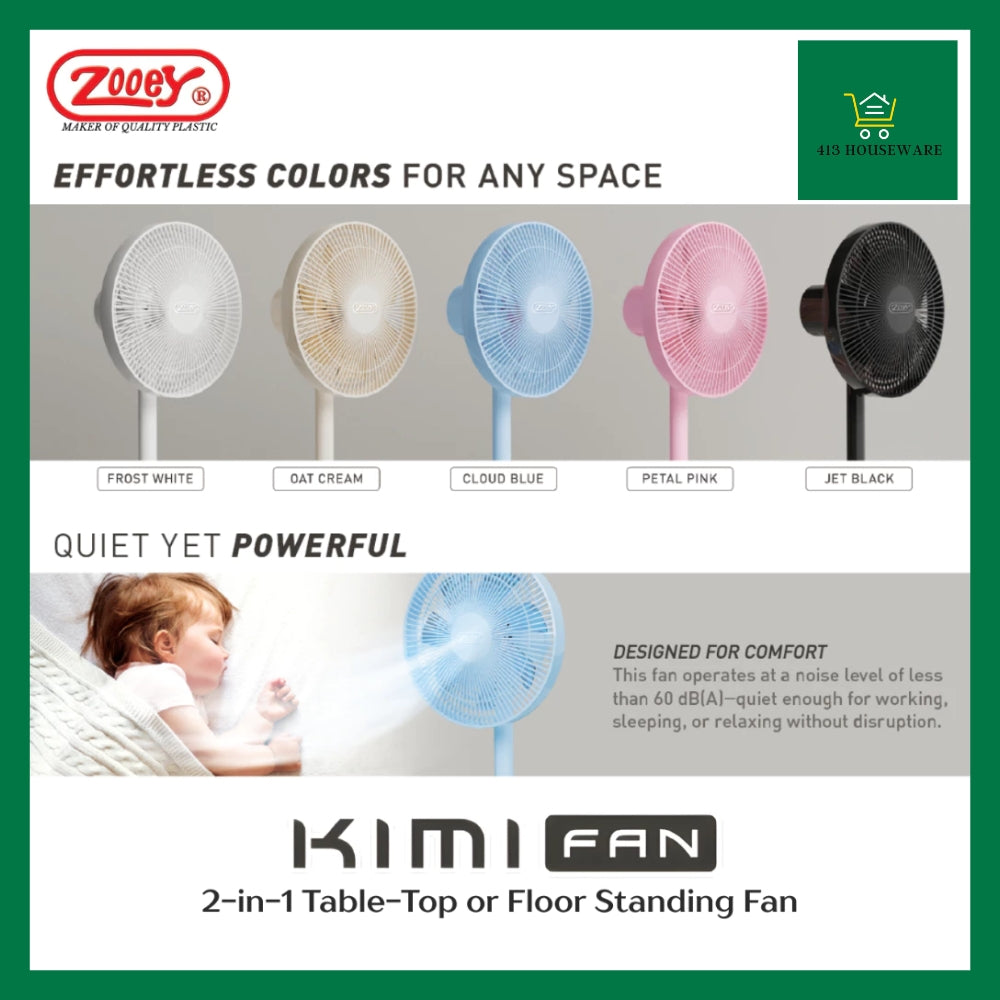 Advertisement for Kimi Fan with color options and a child using the fan.