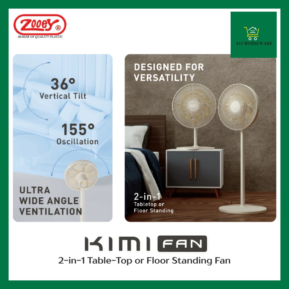 Advertisement for Kimi Fan 2-in-1 table-top or floor-standing fan with features and branding displayed.