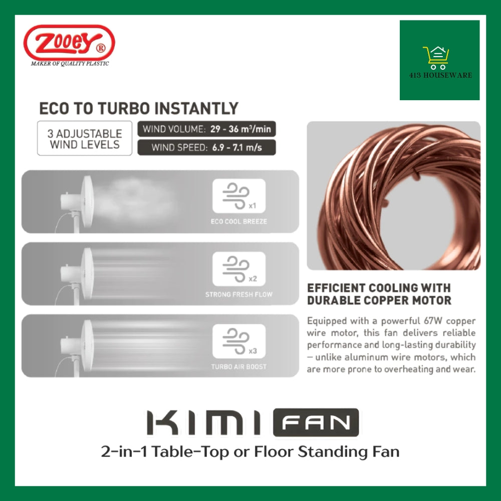 Kimi Fan product packaging with features and specifications on a green background