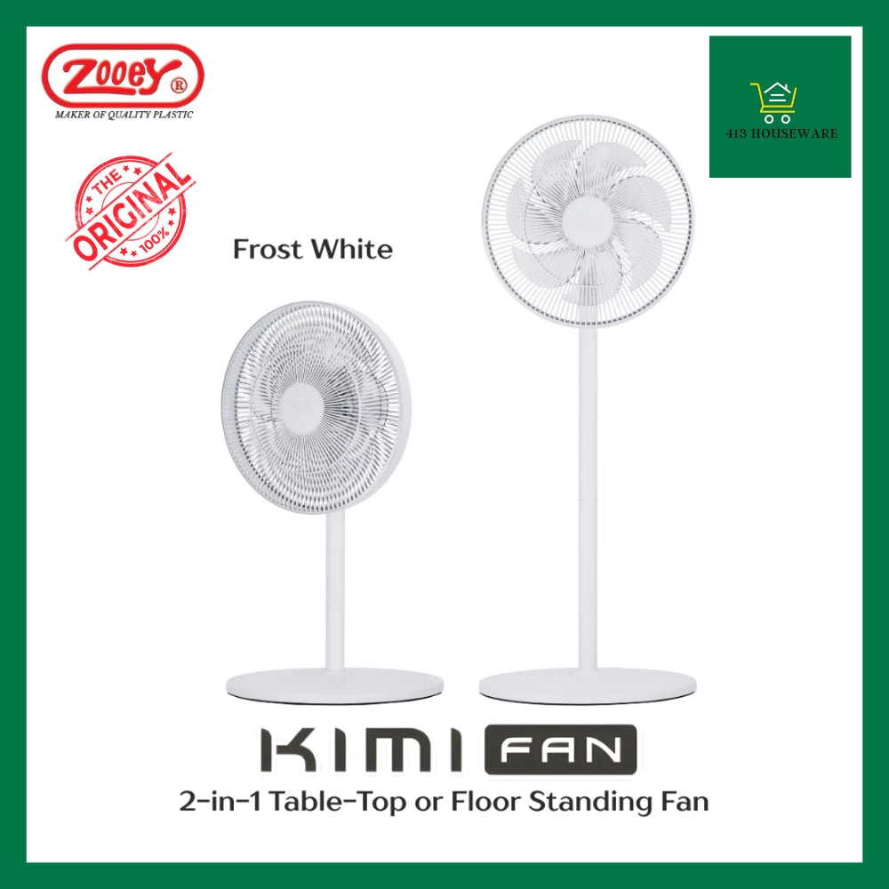 Two white standing fans on a green background with Zeeby branding.