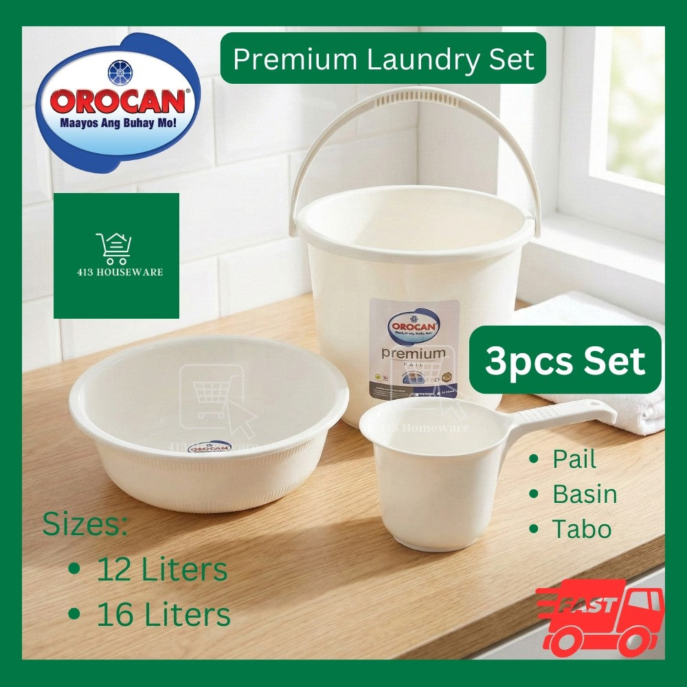 Orocan premium laundry set with pail, basin, and tabo on a wooden surface.
