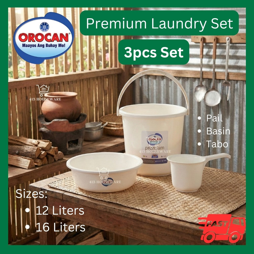 Orocan premium laundry set with pail, basin, and tabo on a wooden table.